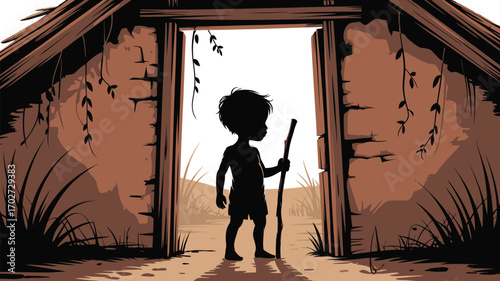 Young boy with stick standing at the door of a hut ready to explore a world of adventure