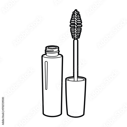 Mascara tube and brush applicator icon. Cosmetic product in a simple line art style.