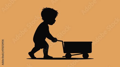 Childhood dreams and imagination come alive as toddler pushes cart, a symbol of youthful exploration
