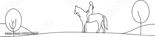 Woman riding horse one continuous line art, Vector illustration, One line art, Line art graphic style
