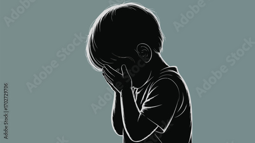 Heartbreaking silhouette of a boy crying, alone and in despair, evoking sadness and vulnerability