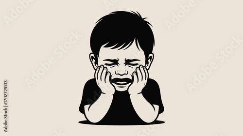 Distressed child crying with hands on face expressing sadness and grief in dark graphic style