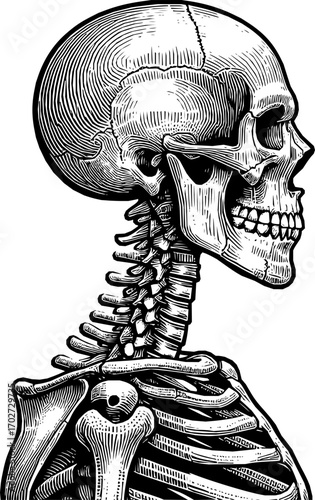Black and white vector of a human skeleton in detailed line art, minimalist anatomical design, isolated on white background, scalable illustration