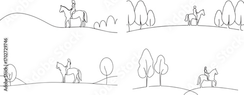 Set of Woman riding horse one continuous line art, Vector illustration, One line art, Line art graphic style