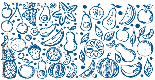 Minimalist hand drawn sketch fruits vector illustration. Natural tropical fruits. 
Dragon fruit, pineapple, coconut, citrus, banana, fig, apple, grape, lemon, banana, pomegranate, fig, strawberry