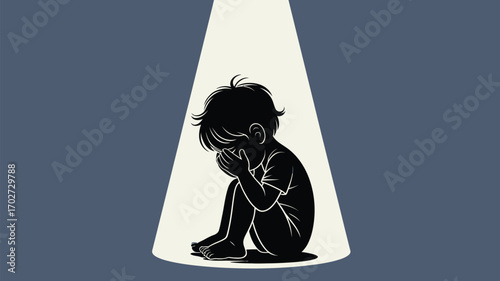 Vulnerable child feeling sad and alone in the spotlight, conveying feelings of depression, anxiety, and fear