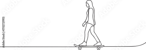 Girl skateboarding one continuous line art, Vector illustration, One line art, Line art graphic style