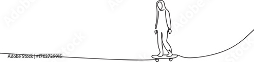 Girl skateboarding one continuous line art, Vector illustration, One line art, Line art graphic style