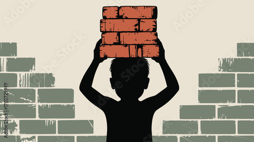 Child labor silhouette carrying bricks symbol of hardship and resilience for social justice campaigns