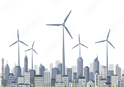 Cityscape with Wind Turbines: Clean Energy.