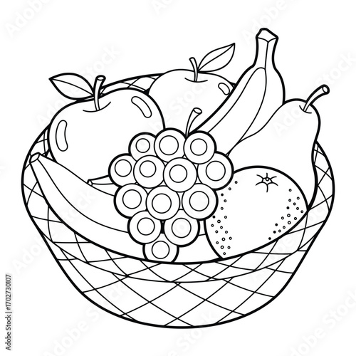 Classic black and white line art illustration of a bountiful fruit basket containing a diverse selection of healthy produce, ideal for coloring books and educational material