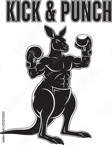 Boxing Kangaroo Illustration – Kick and Punch Cartoon Animal Fighter with Gloves, Strong Mascot Black and White Vector