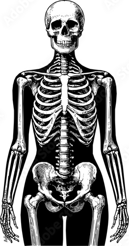 Black and white vector of a human skeleton in detailed line art, minimalist anatomical design, isolated on white background, scalable illustration