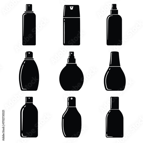 A comprehensive set of diverse black silhouette bottles for cosmetic, perfume, and personal care product packaging design