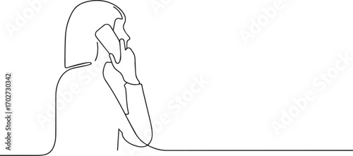 Woman talking on smart phone one continuous line art, Vector illustration, One line art, Line art graphic style