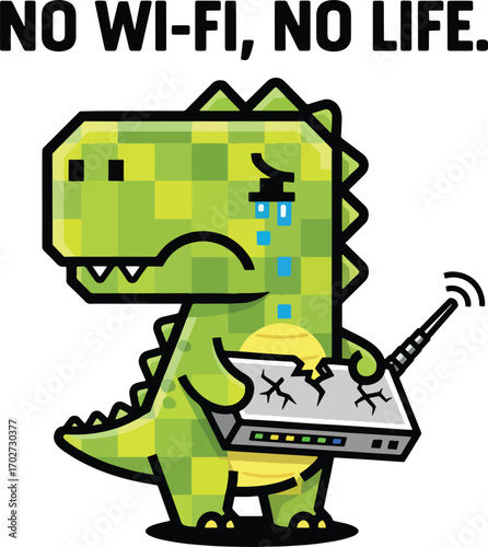 Pixel Dinosaur Wi-Fi Illustration – No Wi-Fi No Life Funny Cartoon Character with Broken Router, Cute Gaming Vector