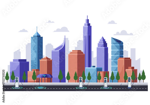 Modern City Skyline with Electric Vehicle Charging Stations.