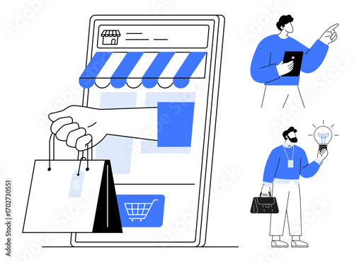Hand holding shopping bags emerges from giant smartphone featuring e-commerce store. Two individuals holding tablet and bulb. Ideal for e-commerce, business, innovation, teamwork, technology, idea