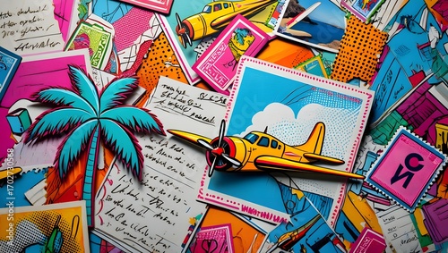 Creative Collage of Travel Elements with Airplane and Palm Trees