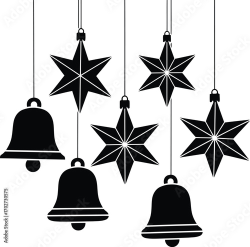 Elegant Black and White Christmas Ornaments Hanging Festive Holiday Decoration with Star and Bell Shapes for New Year Celebration