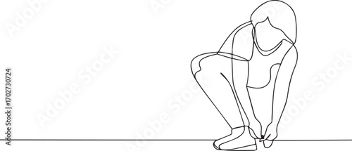 Woman tying shoelac one continuous line art, Vector illustration, One line art, Line art graphic style