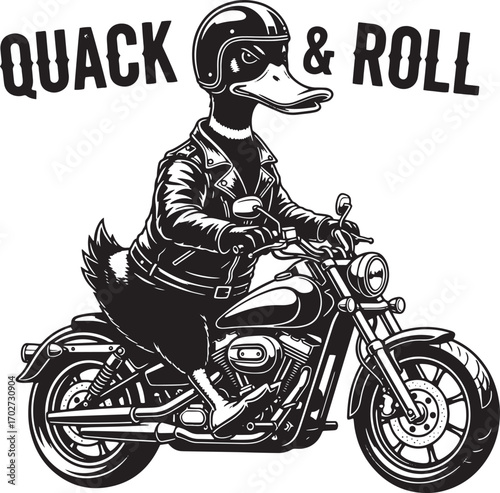 Cool Duck Biker Illustration – Quack and Roll Cartoon Animal Riding Motorcycle in Leather Jacket, Funny Black and White Vector