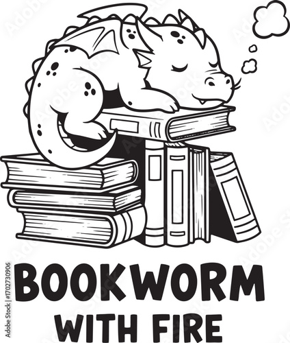 Cute Dragon Reading Illustration – Bookworm with Fire Cartoon Character Sleeping on Books, Funny Black and White Vector