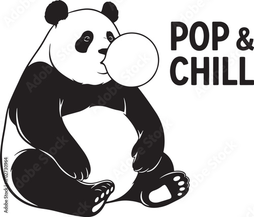 Cute Panda Bubble Gum Illustration – Pop and Chill Cartoon Animal Relaxing, Funny Black and White Vector