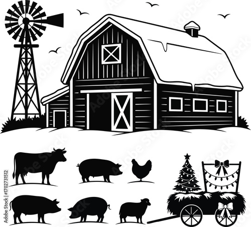 Farm Scene with Barn Animals and Christmas Decorated Hay Wagon Silhouette Vector Illustration Agricultural Theme Rural Landscape and Holiday Elements Design