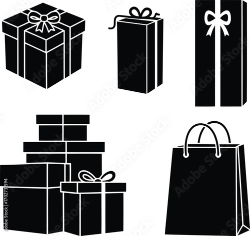Festive black and white gift boxes illustration for holiday promotions and celebrations offering variety and style for impactful marketing campaigns
