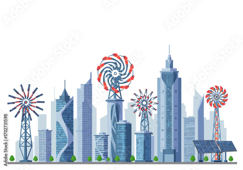 Futuristic Cityscape with Wind Turbines.