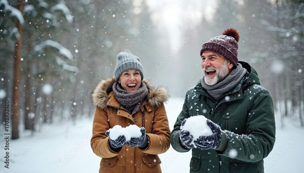 Obraz premium Happy mature couple playing snowballs in winter forest. Senior man and woman laugh, enjoy each other company. Old husband and wife have fun in snowy weather outdoors.