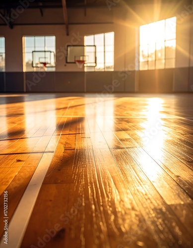 Sunlight streams into a polished basketball court