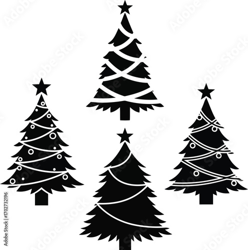 Four stylized Christmas trees with star toppers in black and white vector illustration festive holiday season greeting card background design element template