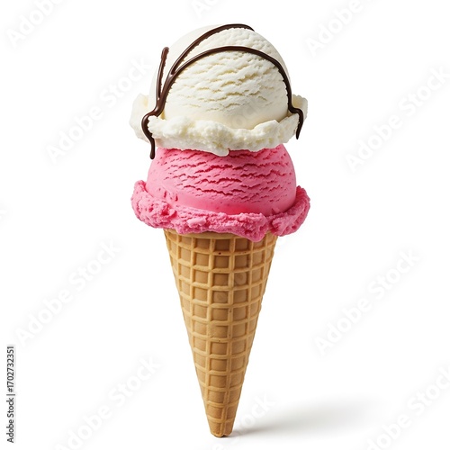 A double scoop ice cream cone with white and pink flavors, topped with chocolate swirls, presented against a plain background.