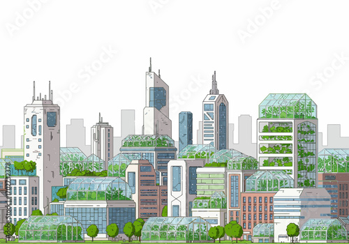 Futuristic Cityscape with Green Roofs and Sustainable Buildings.