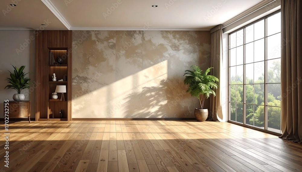 Fototapeta premium Bright and spacious minimalist interior with natural light and greenery