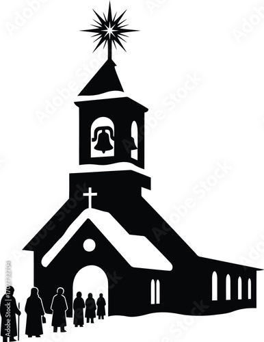 Pilgrims Journeying to a Church with a Star on Top in Silhouette Style Design a symbol of hope faith and tradition for religious celebrations