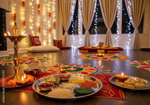 Diwali decorations illuminate the home with rangoli and traditional oil lamps