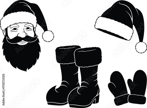 Santa Claus Vector Illustration Set with Hat Boots Mittens and Face for Christmas Holiday Celebrations and Festive Designs in Black and White