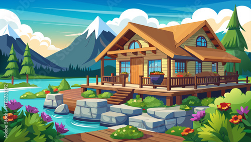 Fragment of a lakeside chalet with natural stone foundations, wooden terraces, and flower-filled planters, perfectly balanced between elegance, comfort, and breathtaking outdoor scenery.