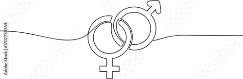 Gender symbol man and woman icon one continuous line art, Vector illustration, One line art, Line art graphic style