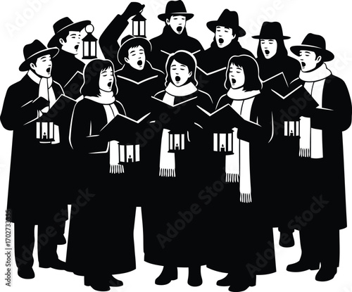 Silhouette of a Victorian Era Caroling Choir Singing Christmas Carols Holding Lanterns and Music Books in the Night Vector Illustration