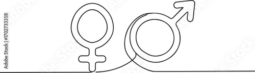 Gender symbol man and woman icon one continuous line art, Vector illustration, One line art, Line art graphic style