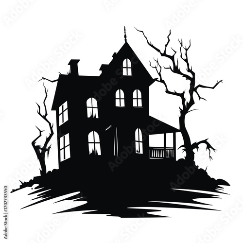 Spooky silhouette haunted house silhouette with bare trees and eerie atmosphere for halloween silhouette