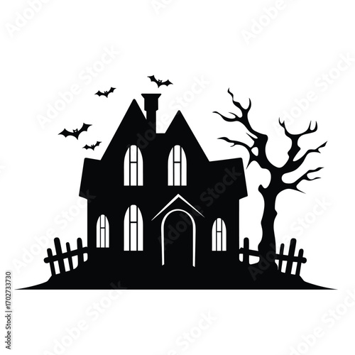 Creepy haunted mansion silhouette with bats and bare tree silhouette for spooky halloween ambiance silhouette