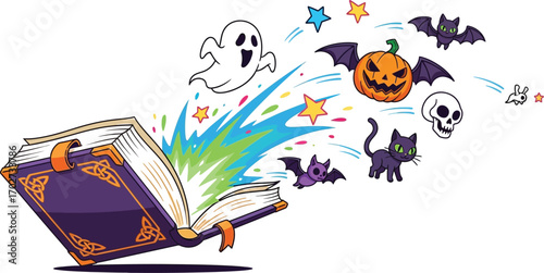 A magical book is open, with a ghost, pumpkin, bat, skull, cat, and stars flying out of it, creating a whimsical and spooky scene