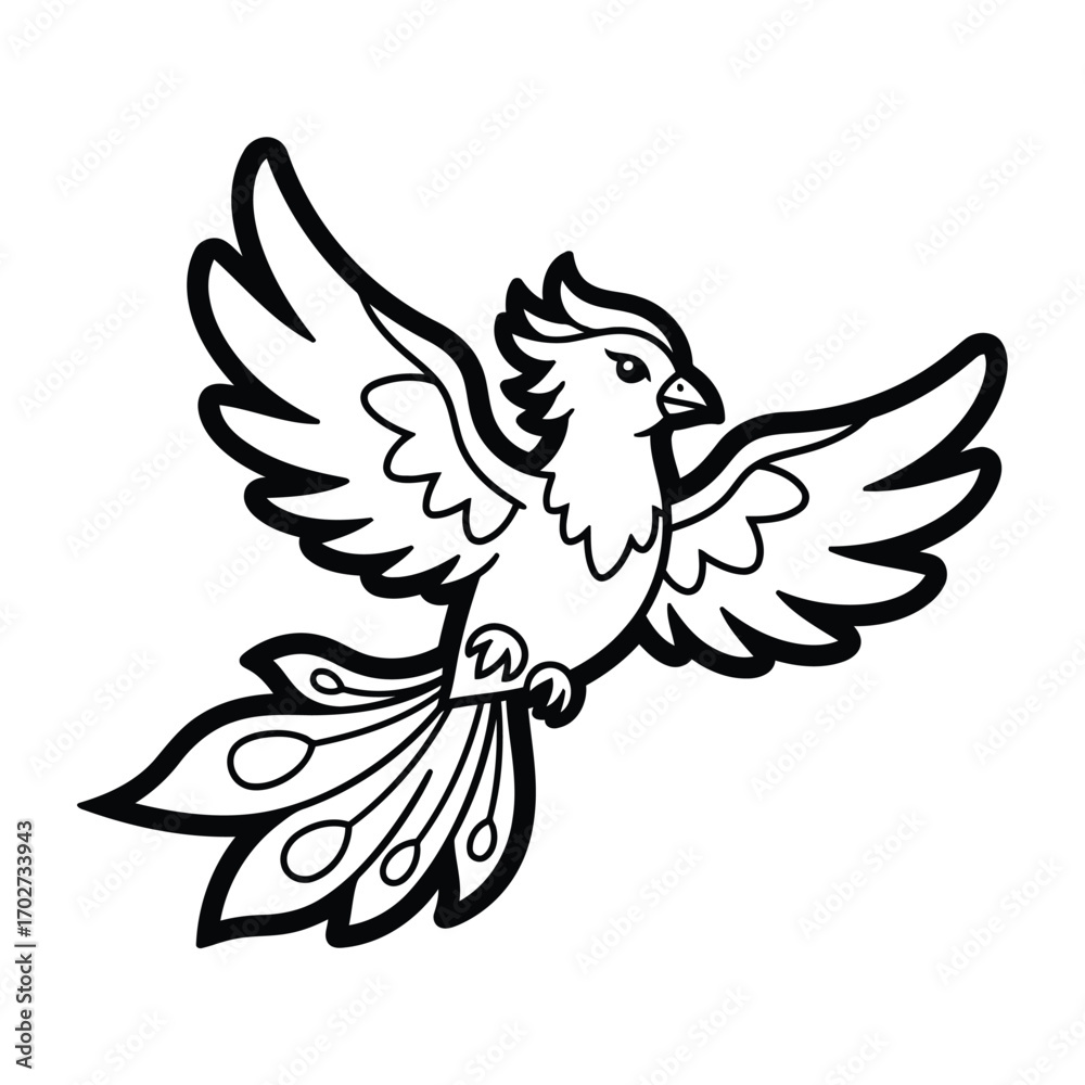 Obraz premium Majestic mythical bird in flight with elaborate feathers, black and white line art vector