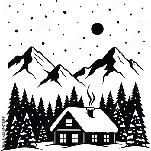 Winter wonderland cabin retreat nestled amongst snow covered mountains and starry night a peaceful escape in nature perfect for holiday season