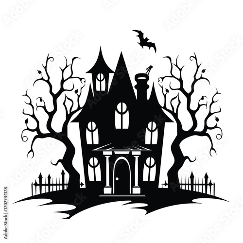 Spooky haunted mansion silhouette with twisted trees and flying bat for halloween ambiance silhouette